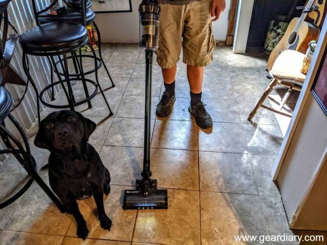 The author standing and holding the Proscenic P10 Cordless Vacuum while his dog looks at the person taking the photo.
