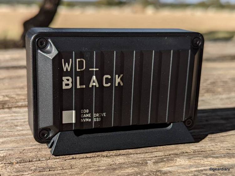 Front of the WD_BLACK D30 Game Drive SSD in stand.