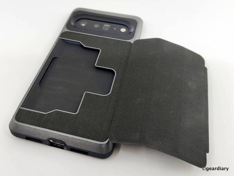Opened leather flap to reveal wallet on the back of the Vena vCommute Pixel 6 series case