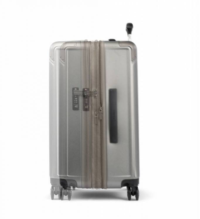 The TravelPro Platinum Elite Large Check-In Expandable Hardside Spinner with the expansion zipper open.
