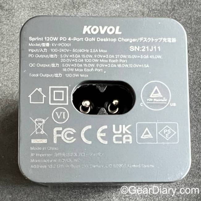 The bottom of the KOVOL Sprint 120W GaN Desktop Charger
