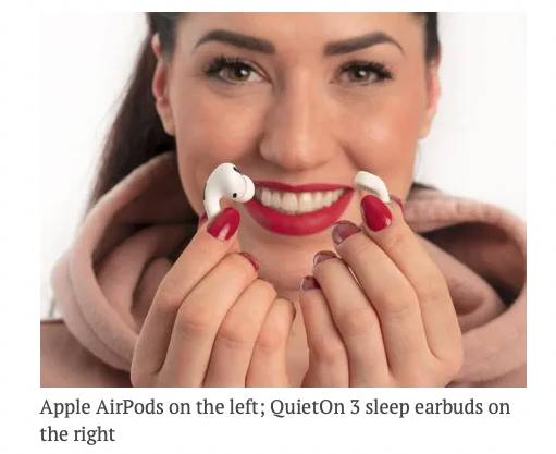 Apple AirPods on left, QuietOn 3 on right.