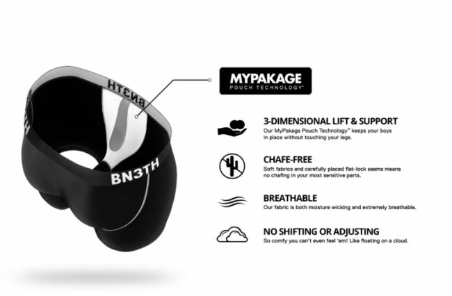 Explanation of the BN3TH Merino Wool Boxer Brief "MYPAKAGE" Pouch Technology.