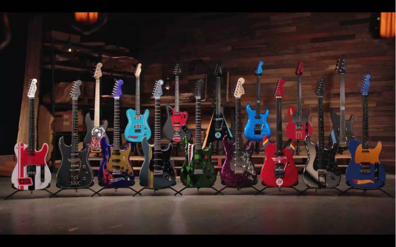 Showing the guitars in the Fender Custom Shop Hot Wheels Guitar Collection