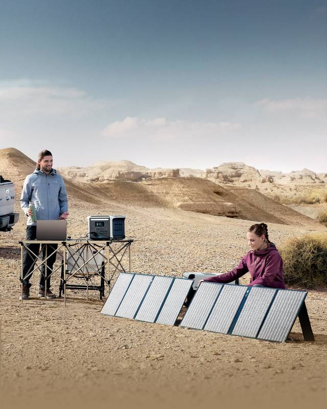 Anker 757 Portable Power Station with solar panels attached; photo taken in a desert location