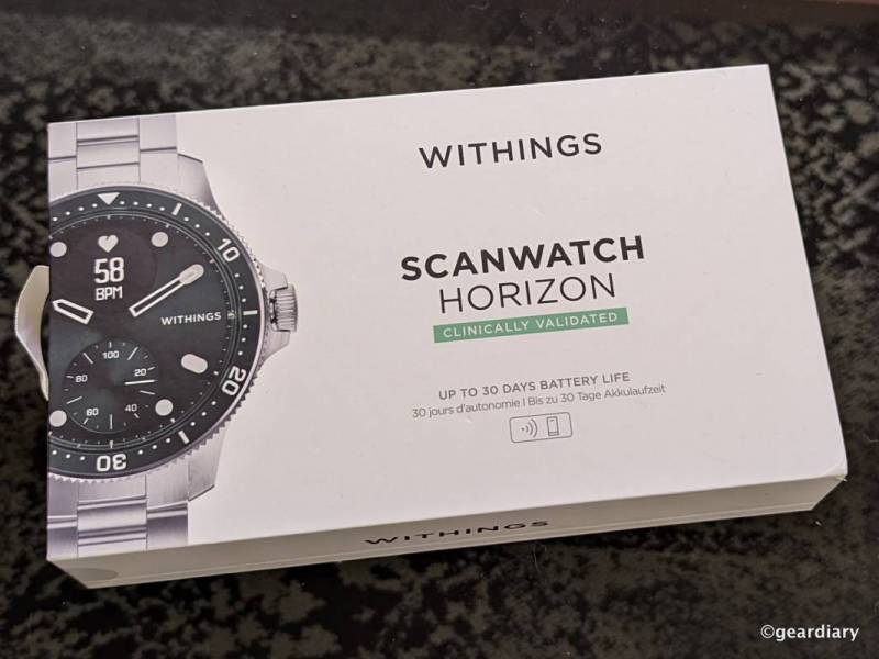 The Withings ScanWatch Horizon retail box.