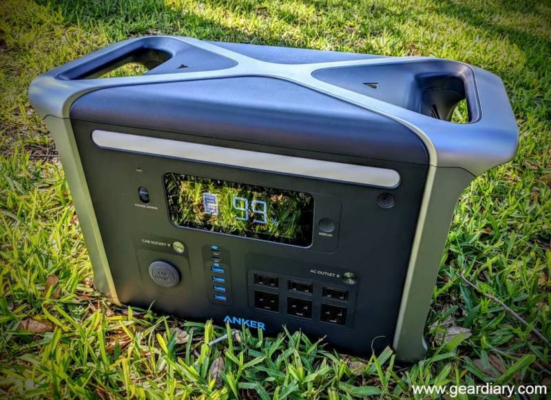 The Anker 757 PowerHouse sitting on grass. 