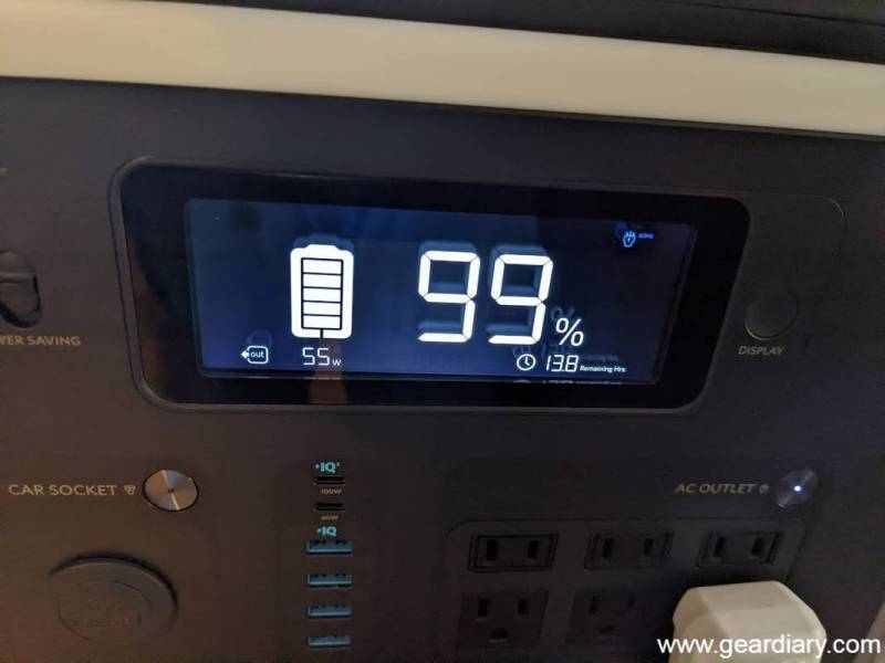 Display on the Anker 757 PowerHouse showing the effect of running a fan on the power reserves and output.