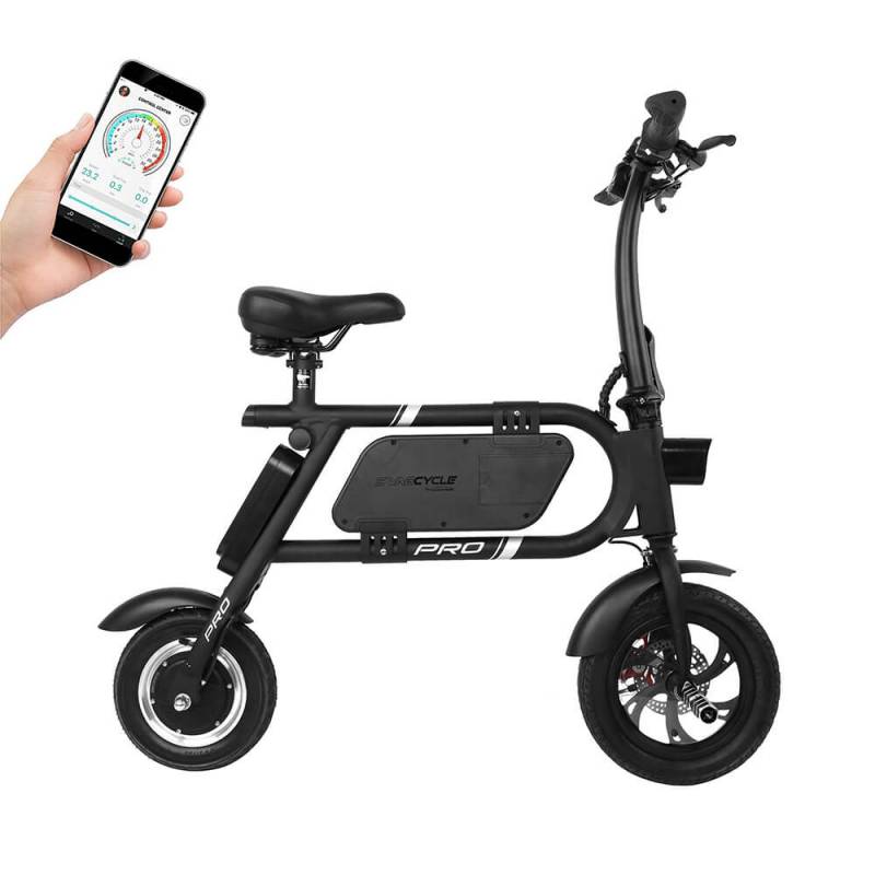 SwagTron SwagCycle Pro with a hand holding an iPhone showing the app
