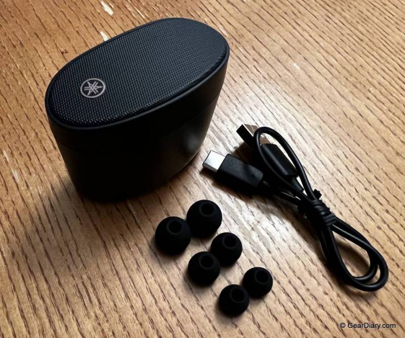 Yamaha TW-E5B True Wireless Earbuds with charging case, charging cable, and ear tips