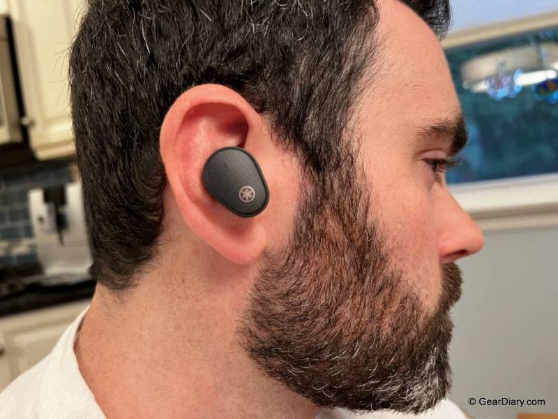 The author wearing the Yamaha TW-E5B True Wireless Earbuds.