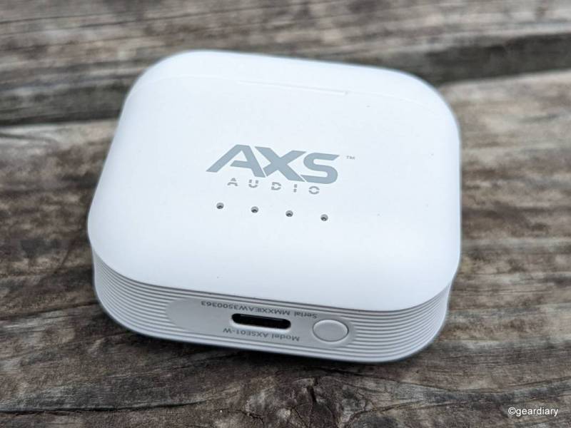 The AXS Audio Professional Earbuds charging case showing the charging port and pairing button
