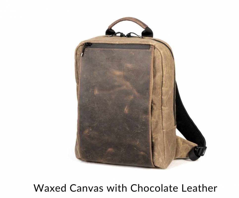 The Waterfield Sutter Slim Laptop Backpack in waxed canvas and chocolate leather