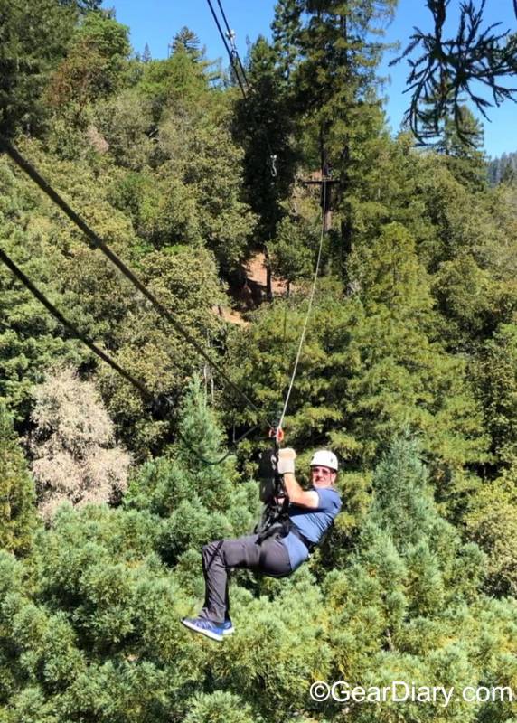 The author zip-lining in Sonoma wearing the Olivers Apparel Convoy Tee