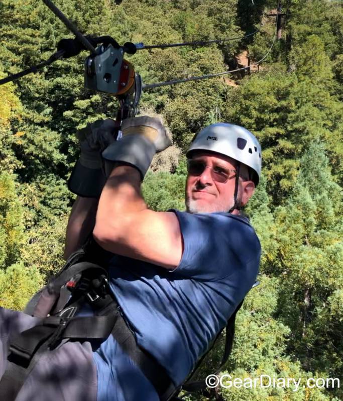 The author zip-lining while wearing the Olivers Apparel Convoy Tee