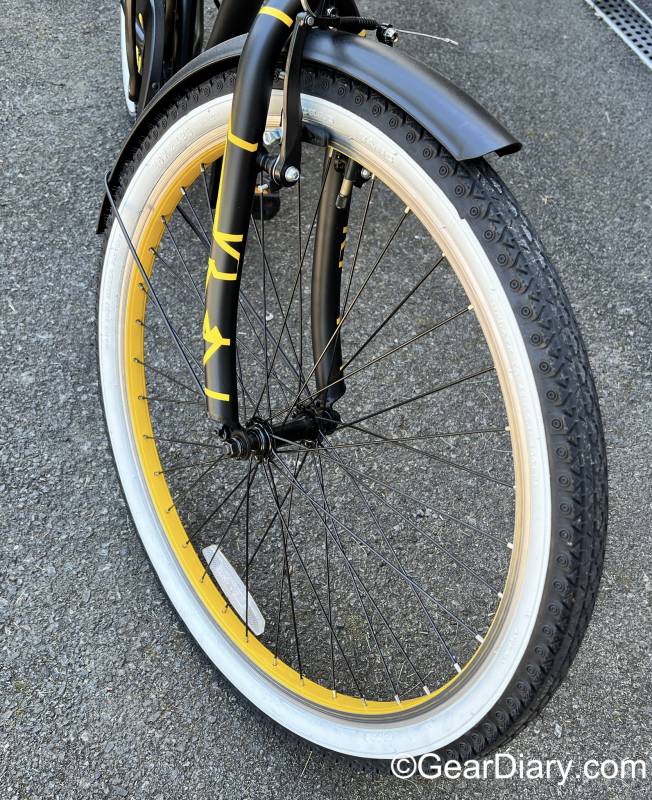 The Swagtron EB11 Electric Cruiser Bicycle's front wheel