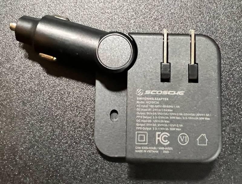 Scosche PowerVolt Traveler30 with car charger exposed
