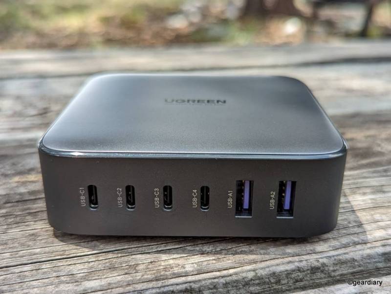 The ports on the front of the UGREEN Nexode 200W GaN Charger