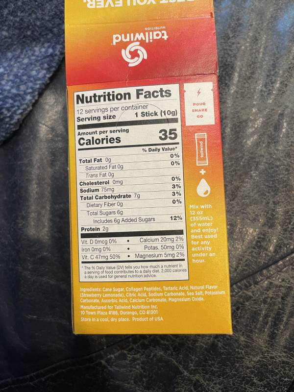 Tailwinds Active Hydration nutrition facts