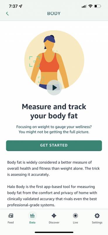Amazon Halo View app showing measure and track your body fat feature