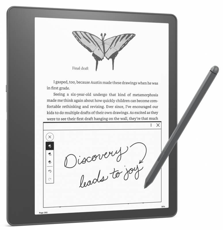 You can use the included pen to write on the Amazon Kindle Scribe's display.