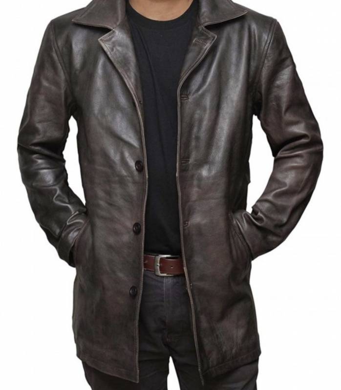 A model wears the Angel Jackets Distressed Dark Brown Mens Leather Car Coat