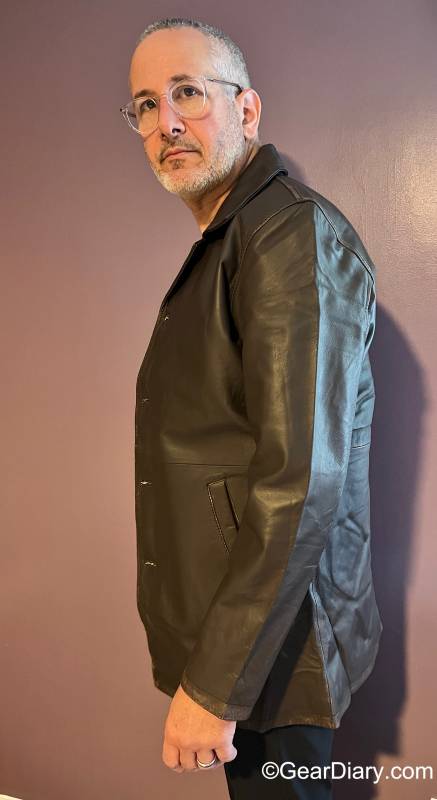 Side view of the author wearing the Angel Jackets Distressed Dark Brown Mens Leather Car Coat 