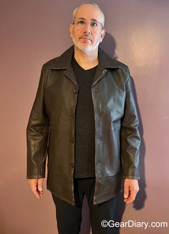 The author wearing the Angel Jackets Distressed Dark Brown Mens Leather Car Coat