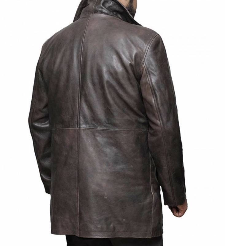 Back side of a model wearing the Angel Jackets Distressed Dark Brown Mens Leather Car Coat 