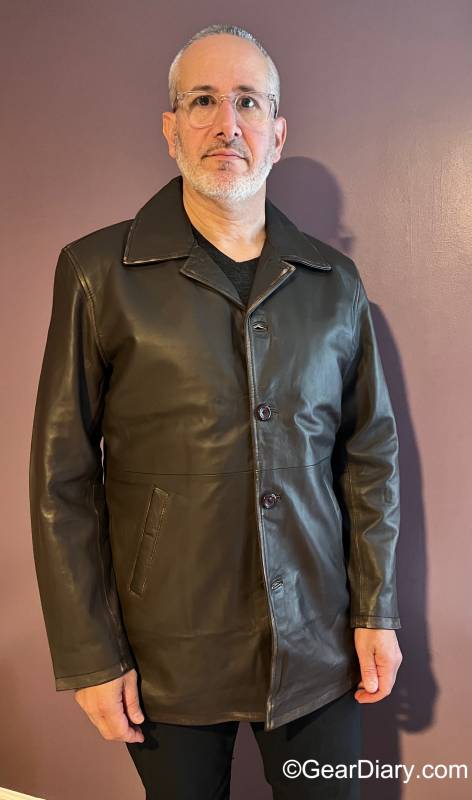 Front view of the author wearing the Angel Jackets Distressed Dark Brown Mens Leather Car Coat 
