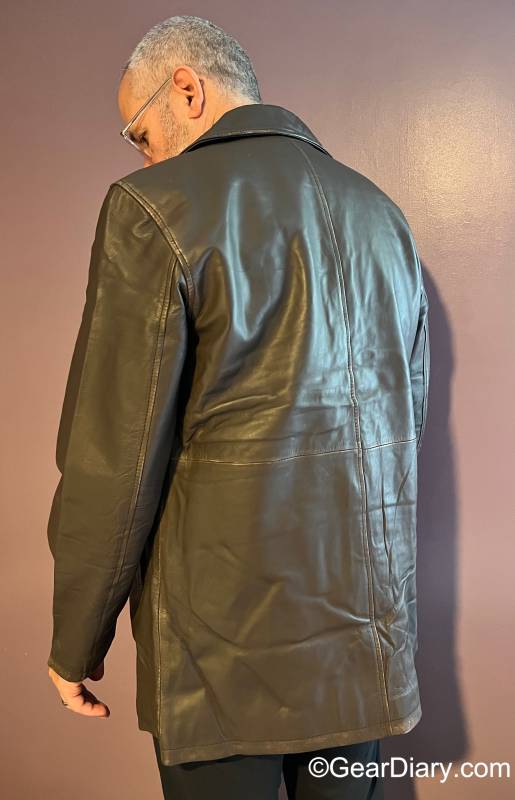 The author wearing the Angel Jackets Distressed Dark Brown Mens Leather Car Coat and showing the back of the coat