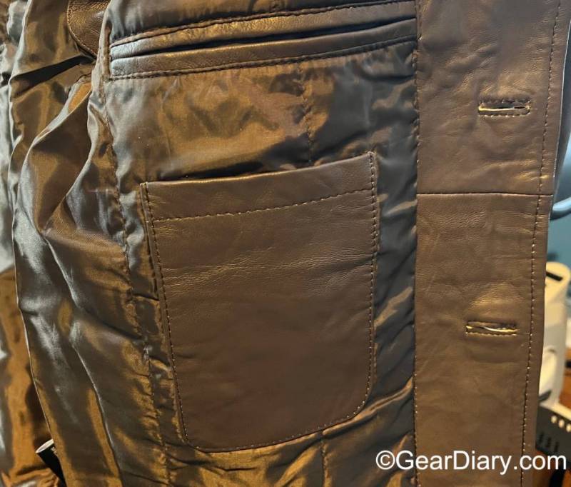 Pockets on the left interior of the Angel Jackets Distressed Dark Brown Mens Leather Car Coat