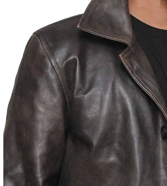 Stock photo of the Angel Jackets Distressed Dark Brown Mens Leather Car Coat right front shoulder and lapels