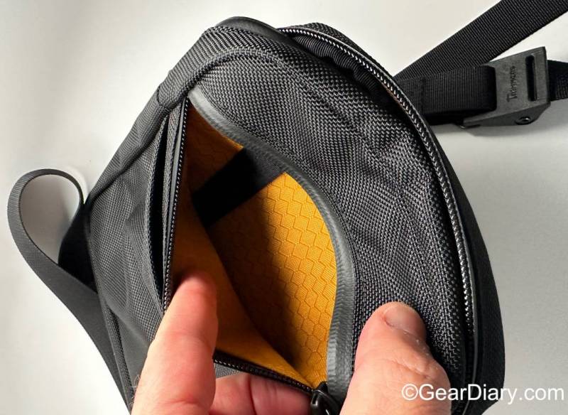 Inside the front pocket on the WaterField Essential Crossbody Pouch