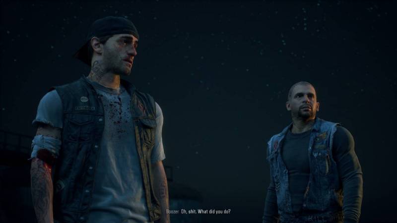 Still from the video game, Days Gone, of two men standing a few feet from each other, both turned to look toward something not shown in the photo.