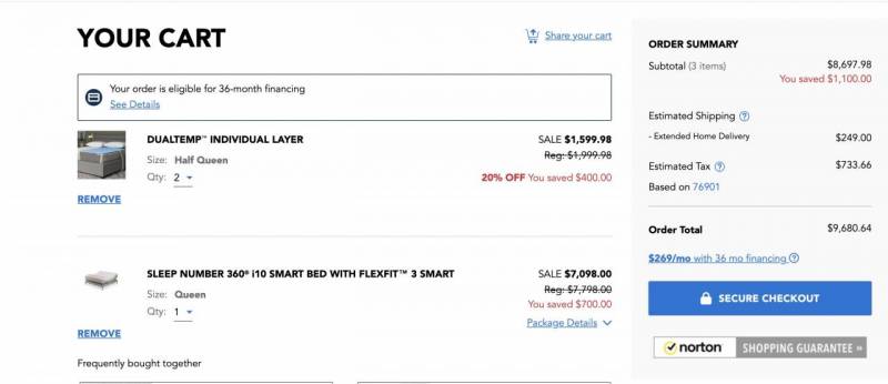 Cart showing the Sleep Number 360 i10 Smart Bed with the FlexFit 3 Smart Base and two DualTemp Individual Layers; the total is $9680.64.