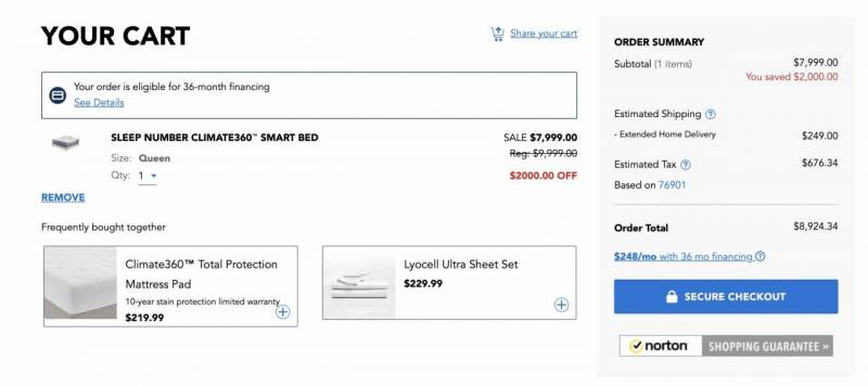 Shopping cart showing the total to buy and ship the Sleep Number Climate360 Smart Bed; it comes to $8934.34.