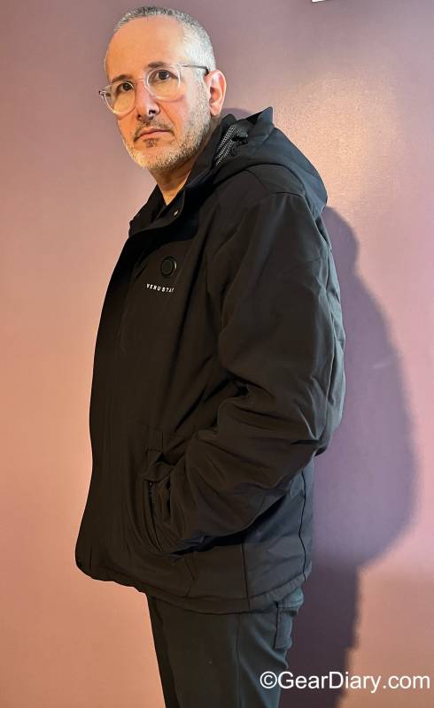 Side view of the author wearing the Venustas Heated Jacket 7.4V