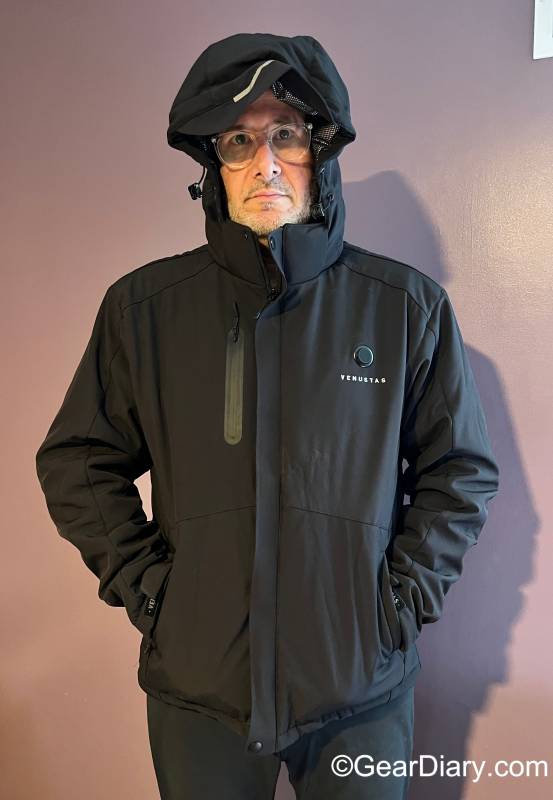 The author wearing the Venustas Heated Jacket 7.4V with the hood up.