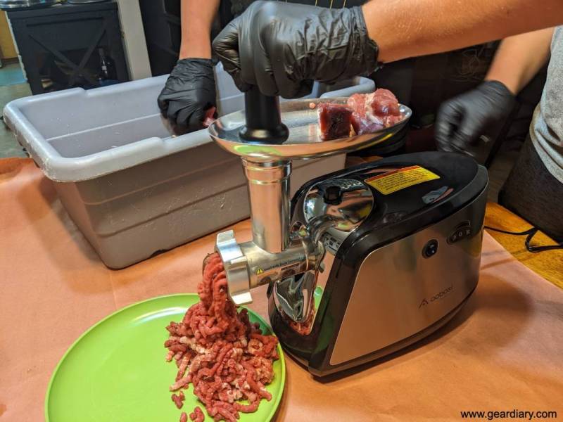 Grinding out sausage with the Aaobosi Electric Meat Grinder