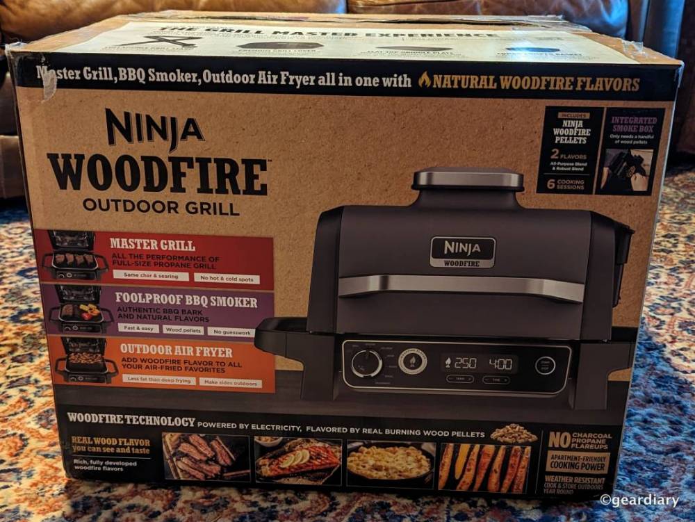 Front view of the Ninja Woodfire Outdoor Grill retail box