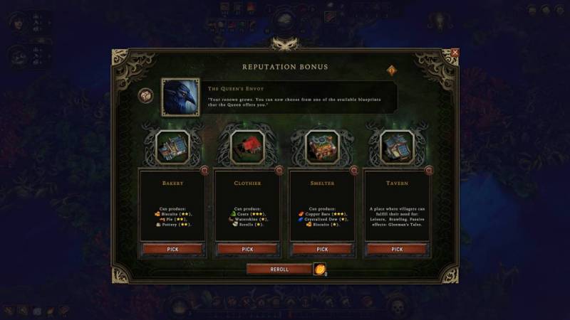 A reoutation bonus screen from Against the Storm