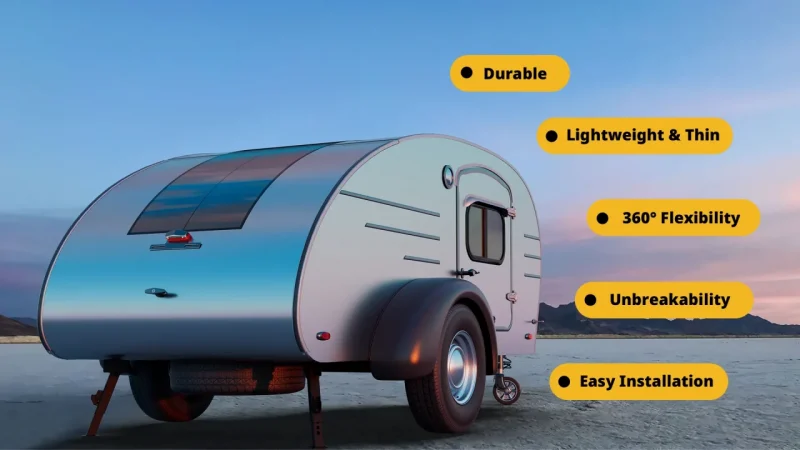 The Yuma 200W CIGS Flexible Solar Panel on a sloped RV trailer