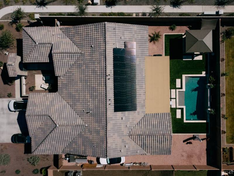 Vivint Smart Energy solar panels on home in an aerial view