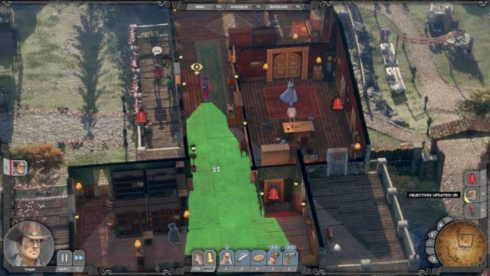 A screenshot from Desperados III showing the overview of a wooden, western town with a green cone at the bottom center of the screen that represents how far a sentry can see