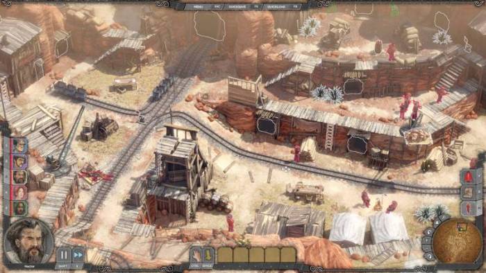 An overview of a railroadin the center of a western town in Desperados III