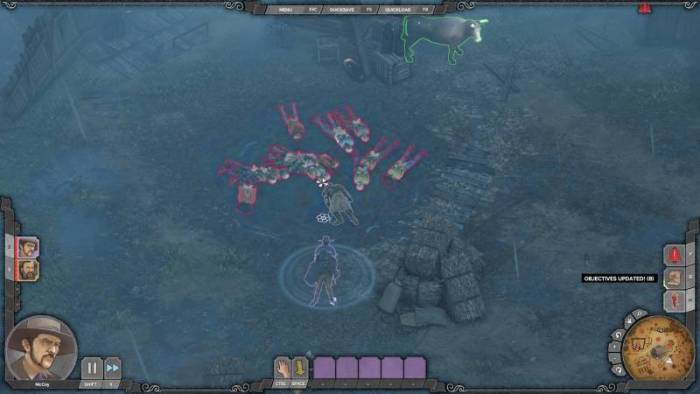 A screenshot from Desperados III showing a man standing in a series of concentric circles looking at various reclining bodies that are most likely dead.