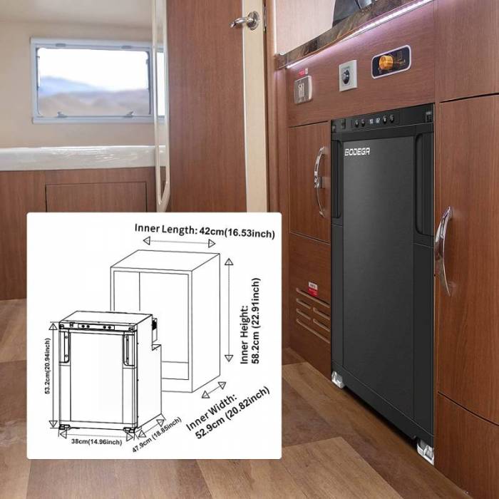 Showing a Bodega R50 Cooler  that has been installed in an RV's cabinets