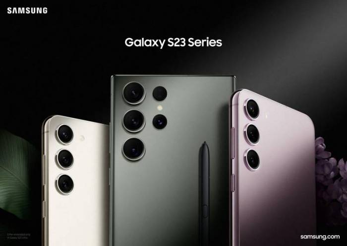 A stock photo with the Samsung Galaxy S23 Series showing the S23, S23+, and the S23 Ultra.