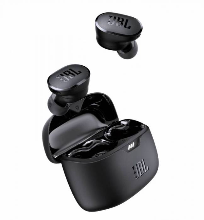 Stock photo fo the JBL TUNE Buds showing the black earbuds seeminly floating above the charging case